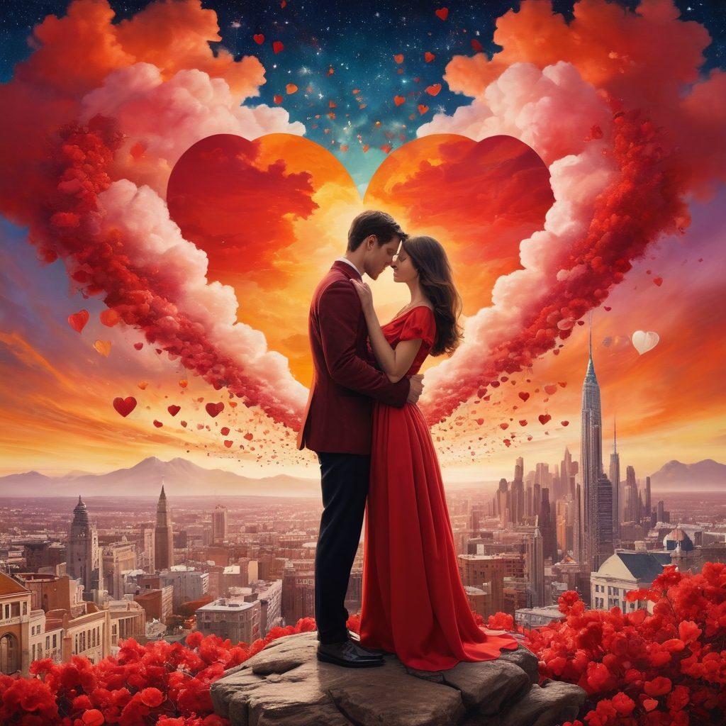 A vibrant, surreal collage capturing the essence of passion and fantasy blending with reality. Feature a couple in an intimate embrace, surrounded by whimsical elements like floating hearts and dreamlike landscapes. Incorporate warm colors like reds and golds symbolizing passion, alongside ethereal clouds and stars representing fantasy. Include hints of everyday life, like a city skyline in the background. painting. vibrant colors. whimsical style.