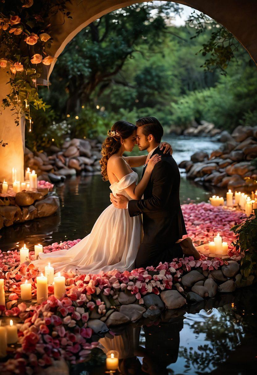 A serene and intimate setting, featuring a couple entwined in a warm embrace, surrounded by soft candlelight and delicate rose petals. The warm glow of the candles reflects on their faces, highlighting their emotions of love and connection. The background features a dreamy landscape with flowing water and lush greenery to evoke a sense of romance. ethereal lighting. vibrant colors. soft focus. 3D.