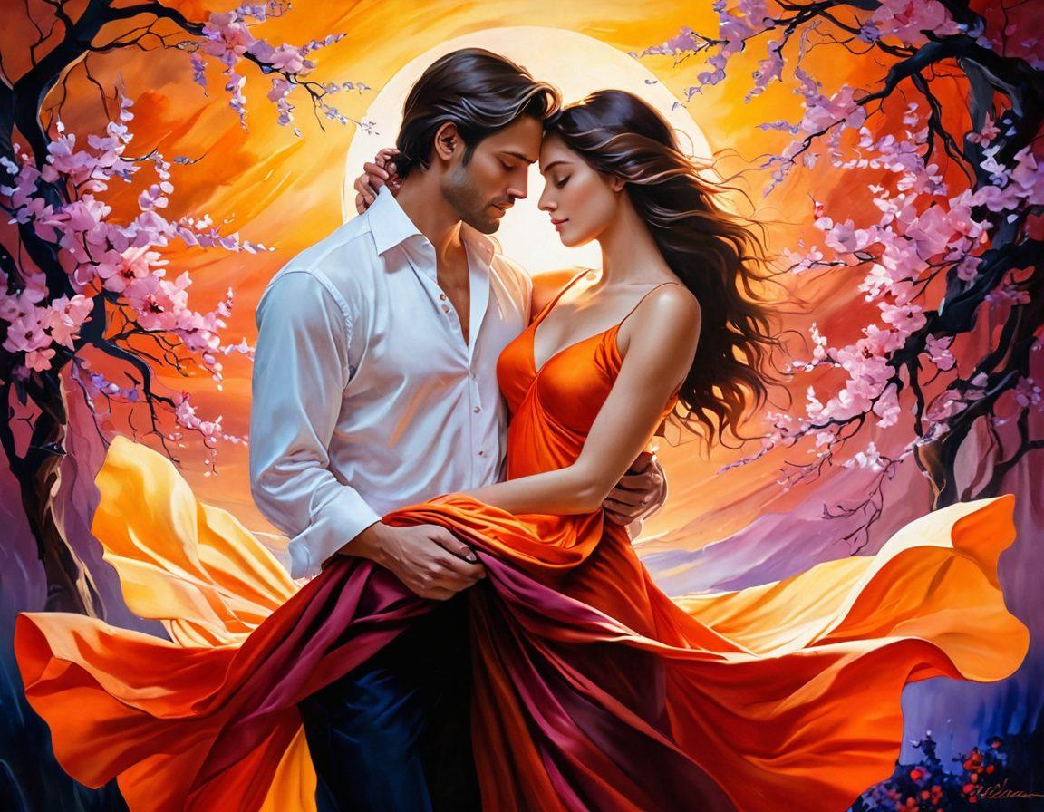 A captivating scene depicting an intimate couple intertwined in a sunset glow, surrounded by swirling colors of passion and warmth. Soft, flowing fabrics accentuate their connection, with a background of vivid blossoms symbolizing sensuality. The atmosphere is rich with sensual tones, inviting serenity and allure. ethereal lighting and gentle shadows enhance the emotion of the moment. painting. vibrant colors.